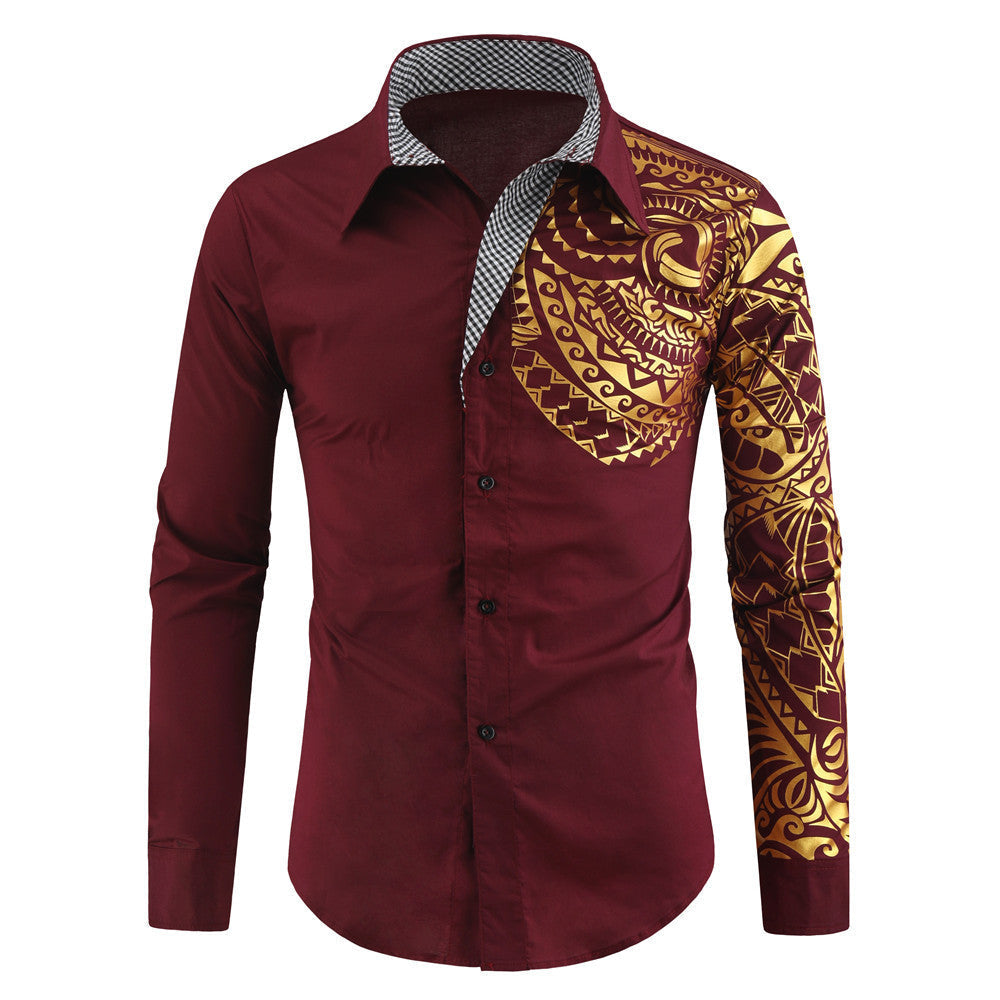 Modern men's long sleeve printed shirt. Features a bold exotic print and a sharp, contrasting collar.