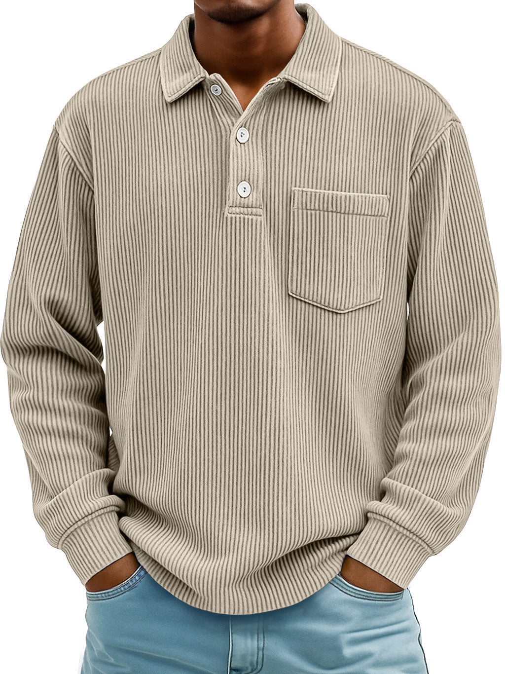 Men's long sleeve polo with a chest pocket, perfect for a relaxed smart casual ensemble.