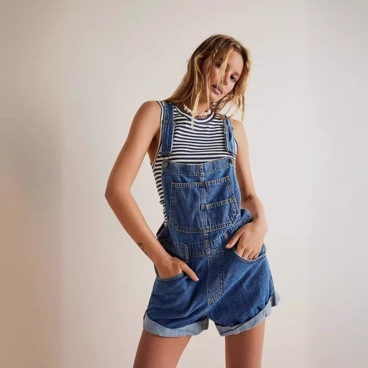 Women's casual denim overall shorts with front pockets & adjustable straps, perfect for summer.