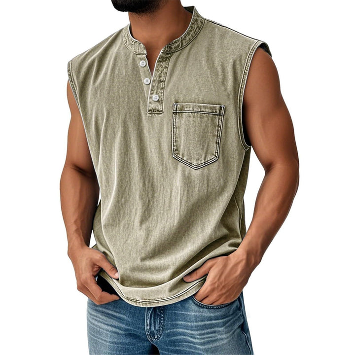 Men's casual sleeveless shirt with button placket & chest pocket, great for summer comfort and style.