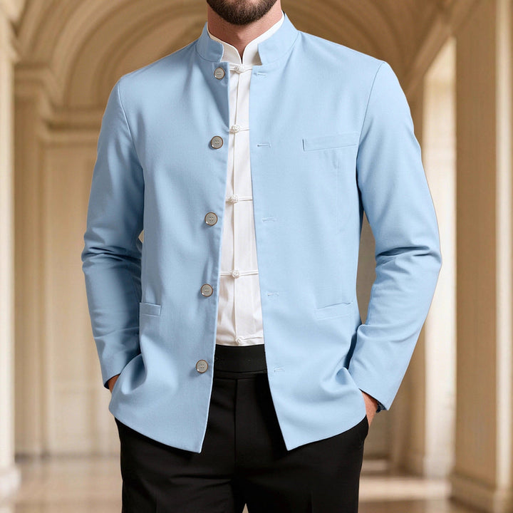 Stylish men's blazer featuring a distinctive high collar. Modern formal wear for elegant men's fashion.