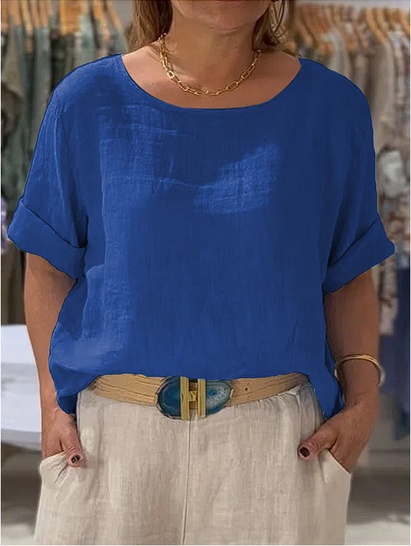 Earth brown women's lightweight blouse, relaxed fit, rolled sleeve design. Chic & comfortable.