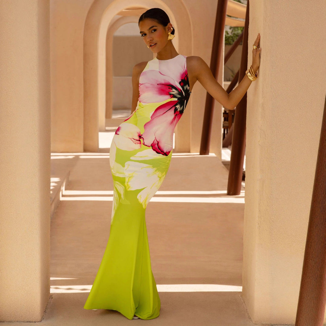 Stylish women's summer maxi dress featuring a beautiful floral print and elegant figure-hugging design.
