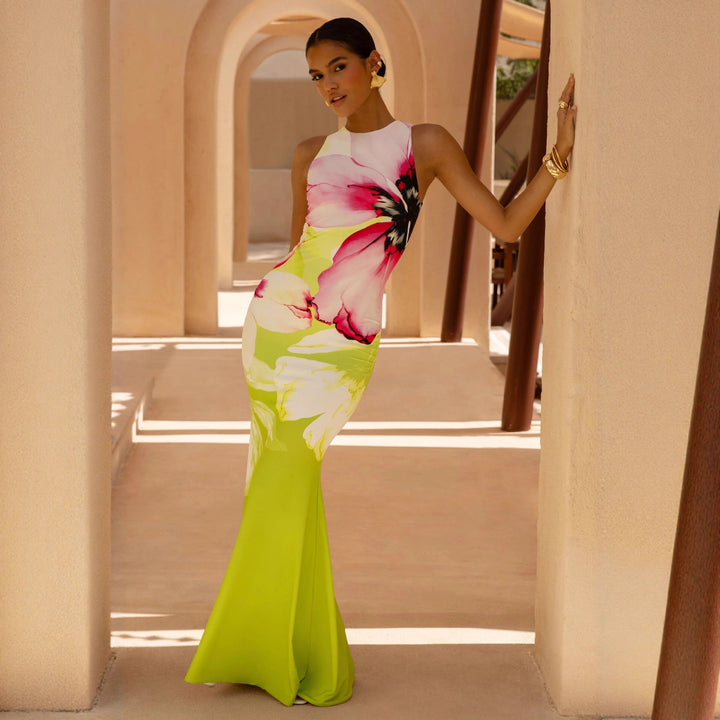Stylish women's summer maxi dress featuring a beautiful floral print and elegant figure-hugging design.