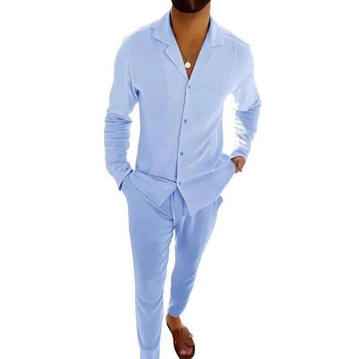 Lightweight & breathable men's long sleeve shirt and trouser set for ultimate summer casual comfort.