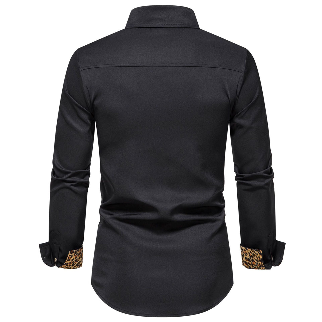 Close-up of leopard trim collar & cuff on a sophisticated men's white long-sleeve button-up shirt.