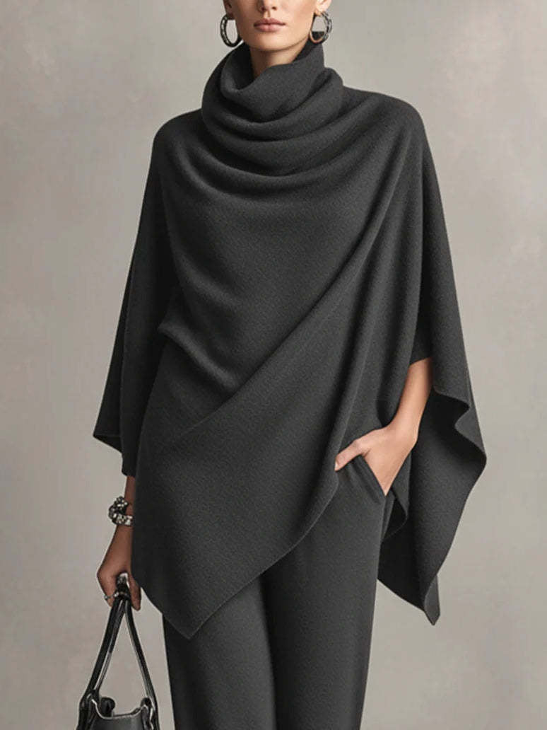 Versatile black women's set: elegant draped top and comfortable wide-leg pants. Ideal for office or casual outings.