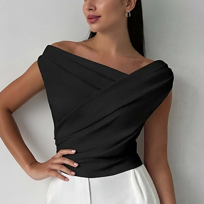 Casual elegant women's wrap top with a modern cutout. Long-sleeve blouse for a refined and stylish look.