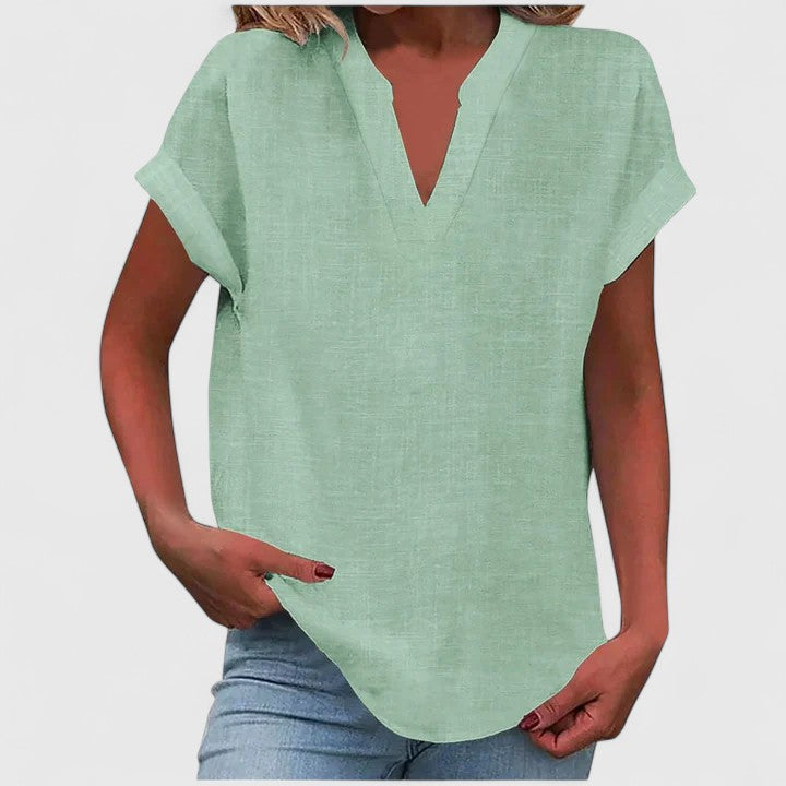 Comfortable V-neck blouse for women, perfect for professional or casual workwear.