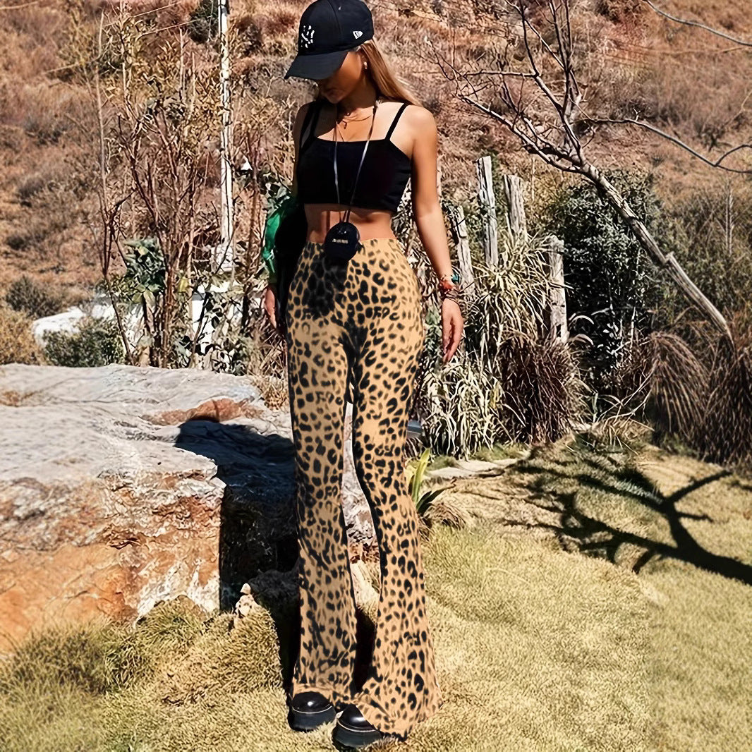 Comfortable stretch leopard print flared leggings for women, ideal for stylish casual outfits.