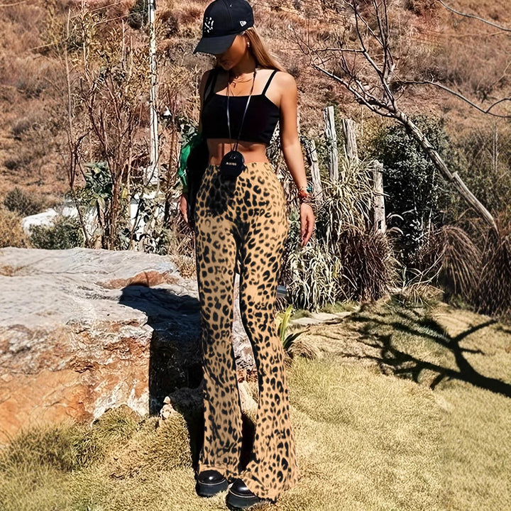 Comfortable stretch leopard print flared leggings for women, ideal for stylish casual outfits.