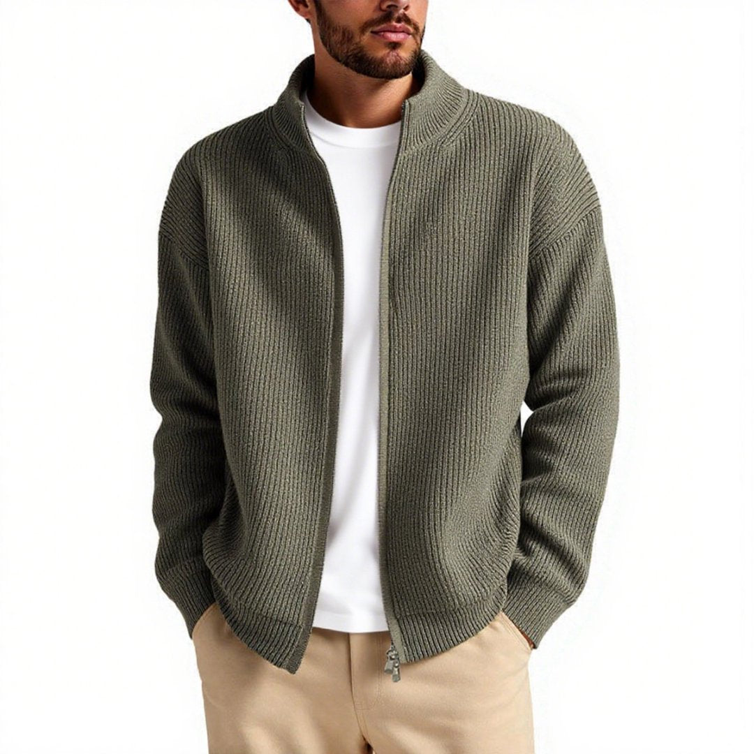 Stylish men's high collar zip-up cardigan, offering comfort and a sleek look for everyday fashion.