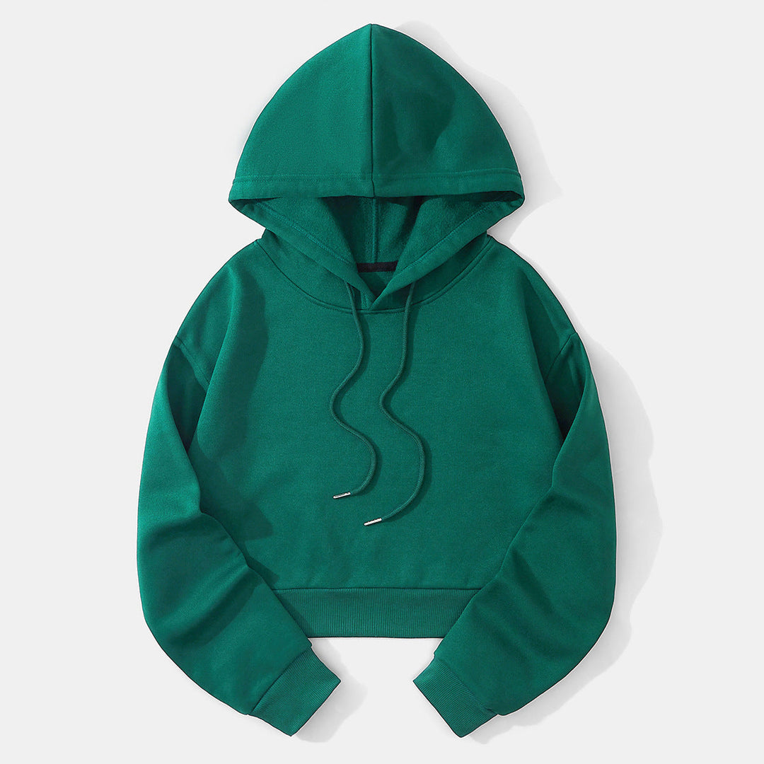 Full shot of a women's cropped hoodie, showcasing its trendy fit and comfort.
