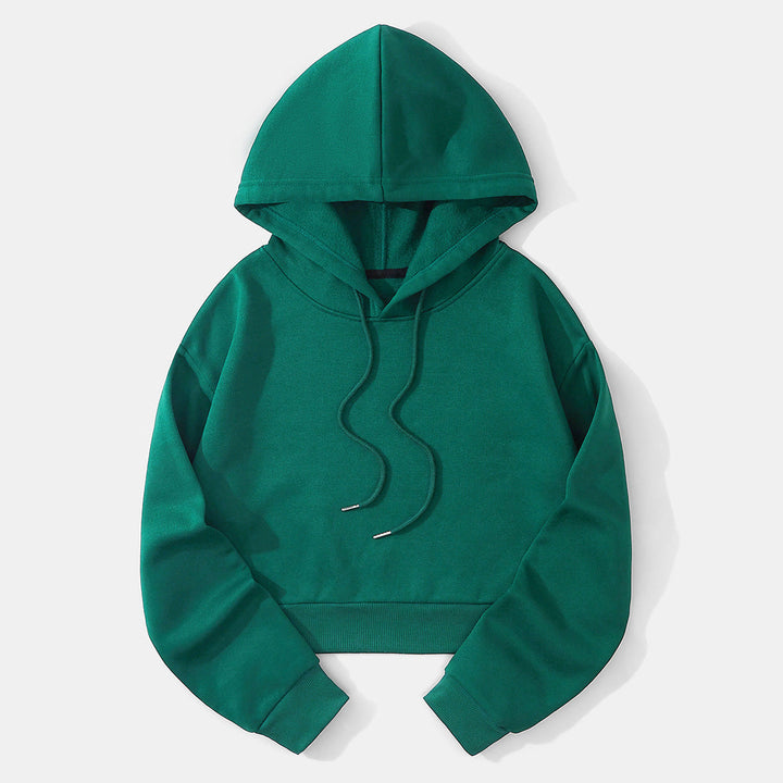 Full shot of a women's cropped hoodie, showcasing its trendy fit and comfort.