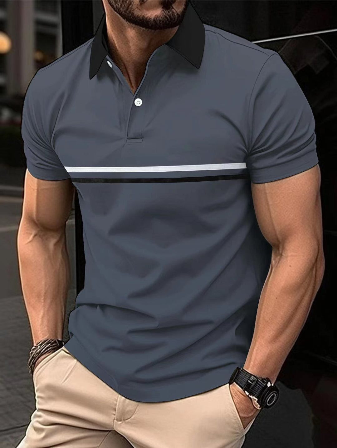 Stylish men's short sleeve sport polo, featuring a classic striped design and comfortable fit.