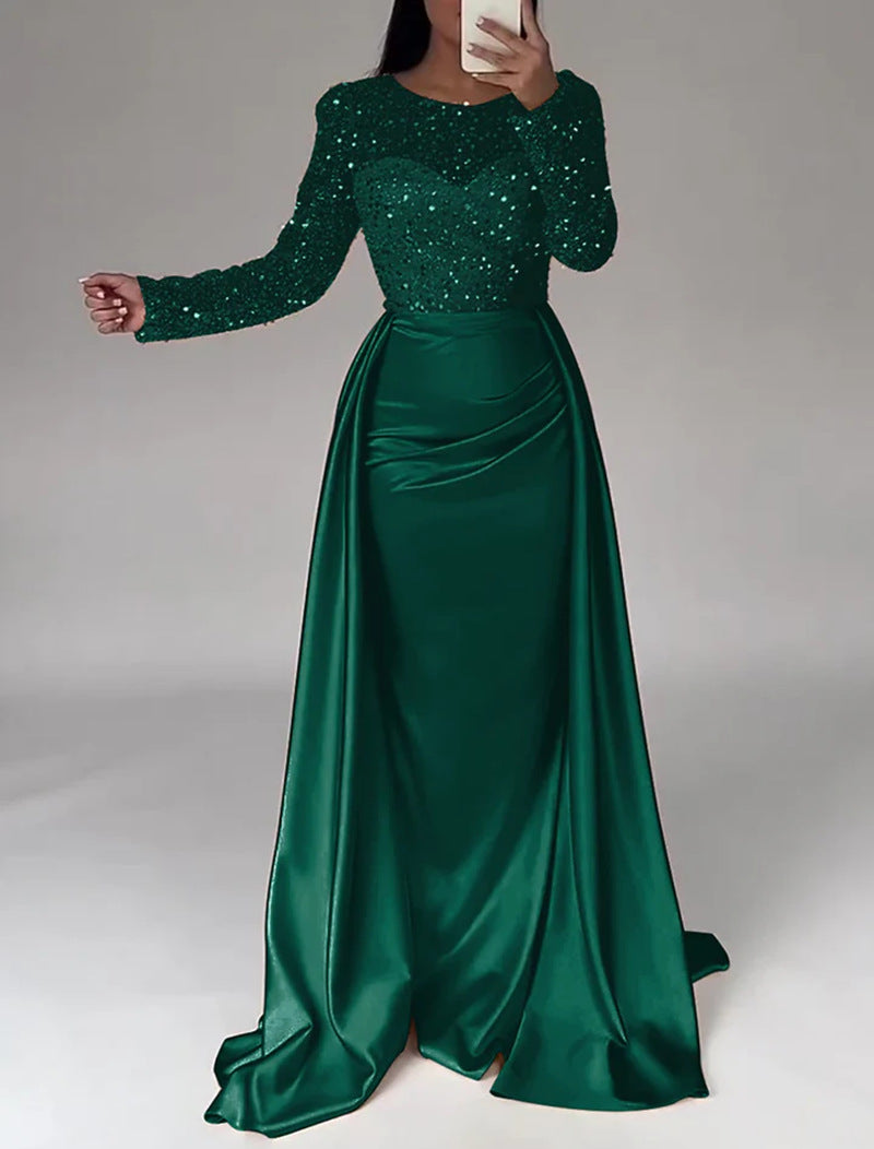 Elegant women's long-sleeve formal evening dress. Shimmering gown for special occasion sophistication.