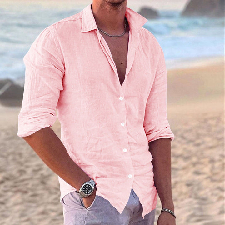 Back view of men's long sleeve casual button-down shirt. Lightweight summer top with relaxed fit.