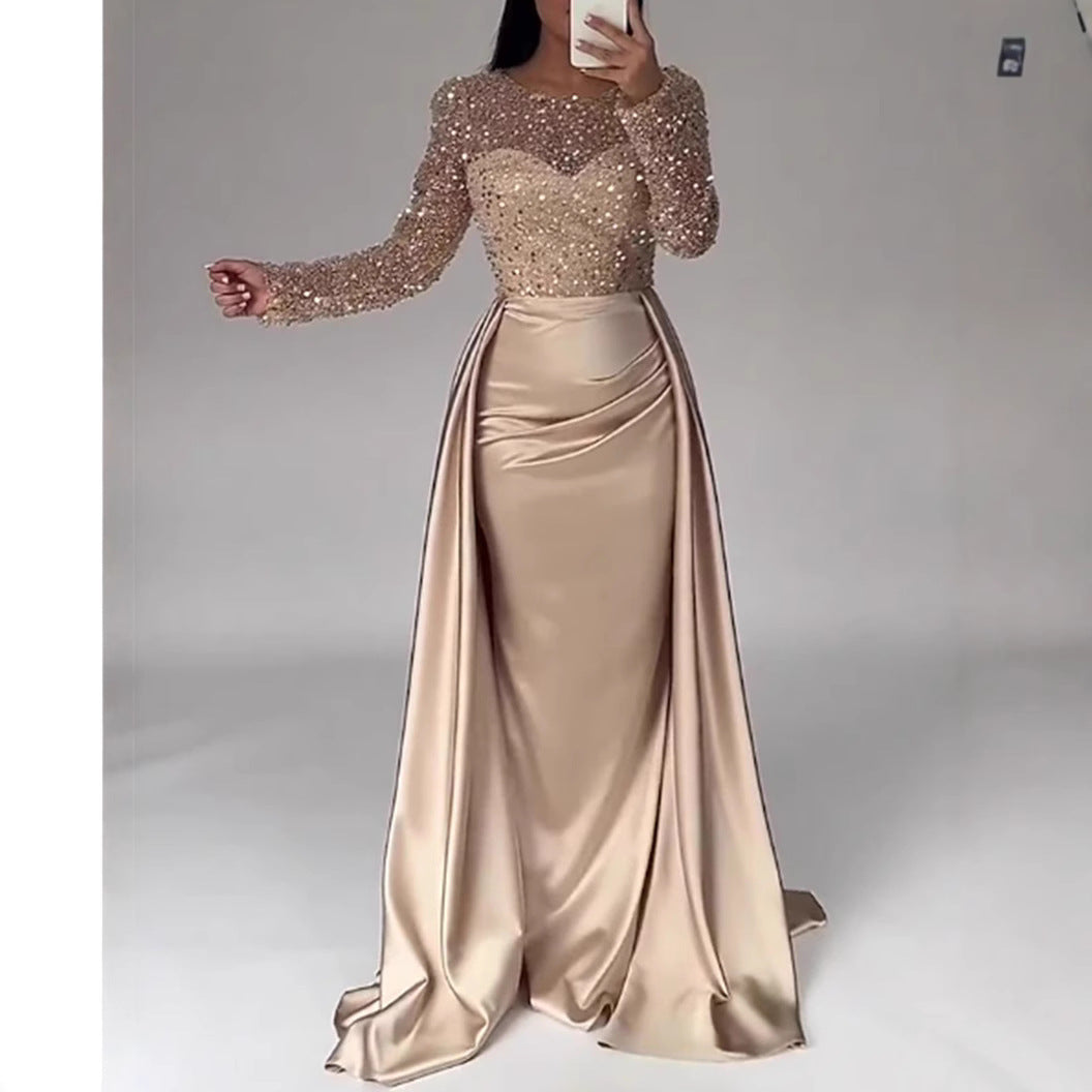 Women's shimmering long-sleeve evening gown. Elegant formal dress perfect for special occasions & galas.