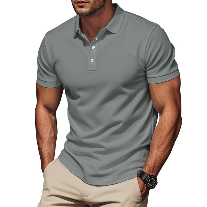 Men's modern fit textured polo shirt. Comfortable, breathable short sleeve button-up for everyday wear.