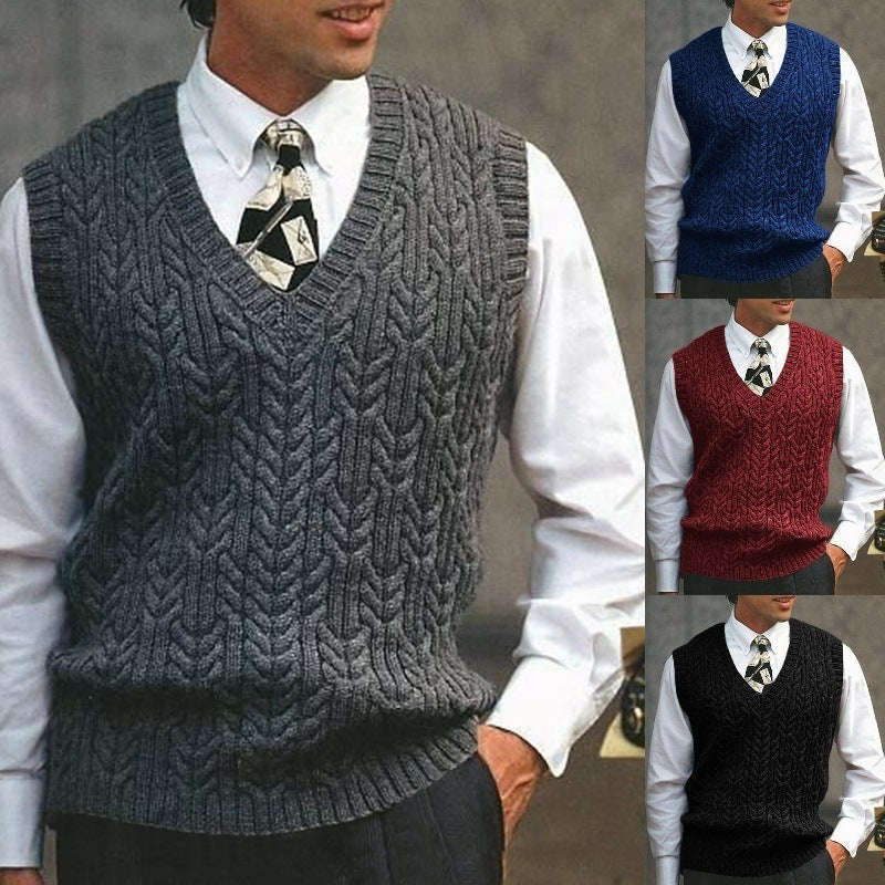 Men's classic cable knit v-neck sweater vest, ideal for smart layering & timeless style.