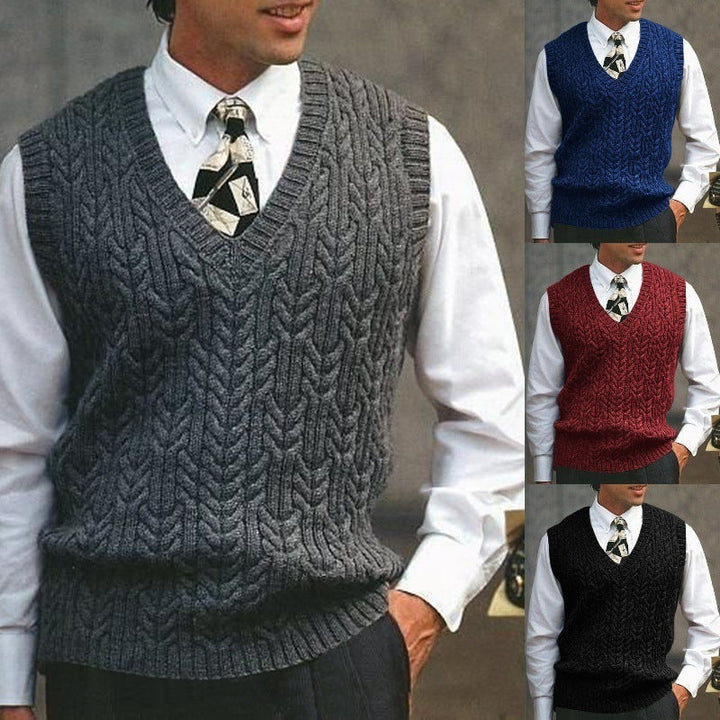 Men's classic cable knit v-neck sweater vest, ideal for smart layering & timeless style.