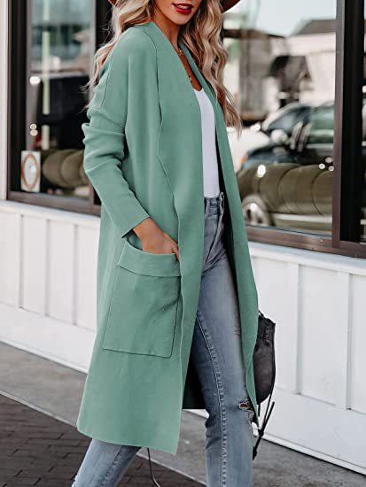 Comfortable women's long open cardigan with practical side pockets for casual wear.