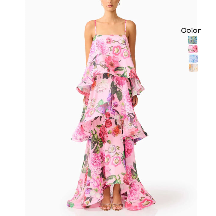 Elegant women's white ruffle maxi dress with flowy fabric, perfect for summer occasions and parties.
