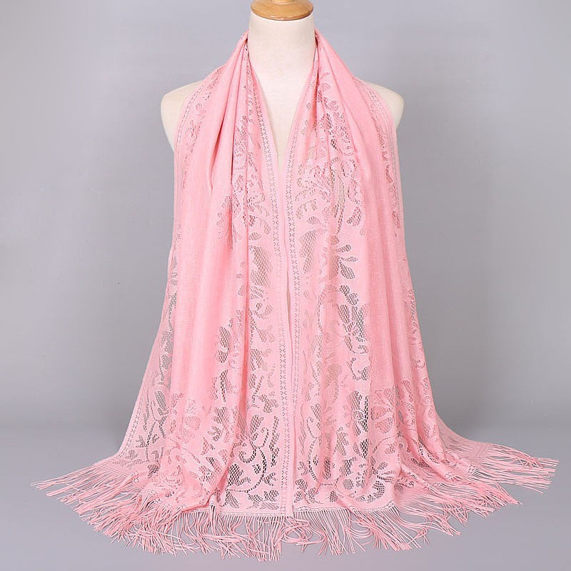 Delicate floral lace women's scarf with elegant fringed edges, versatile and fashionable.