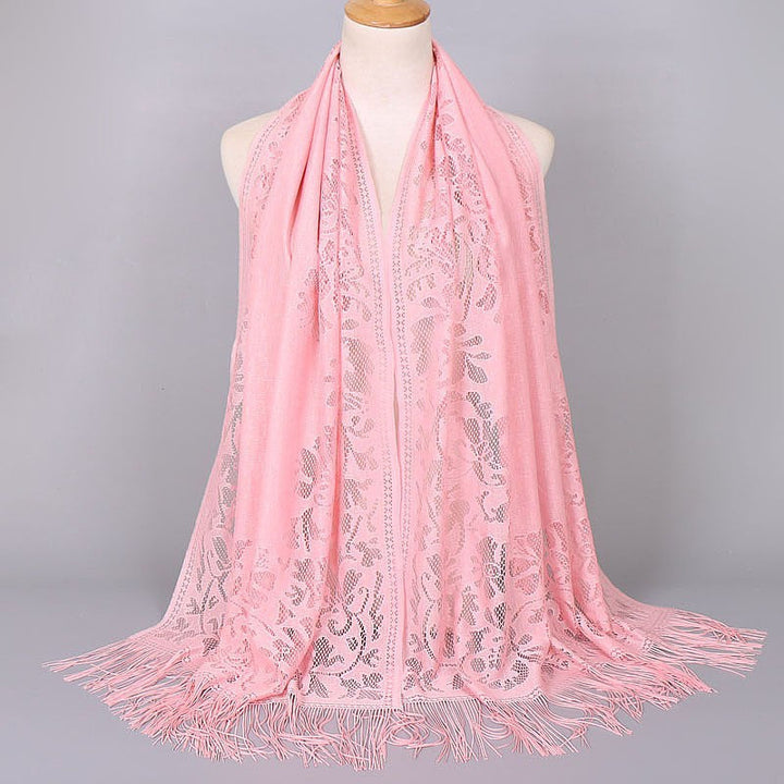 Delicate floral lace women's scarf with elegant fringed edges, versatile and fashionable.