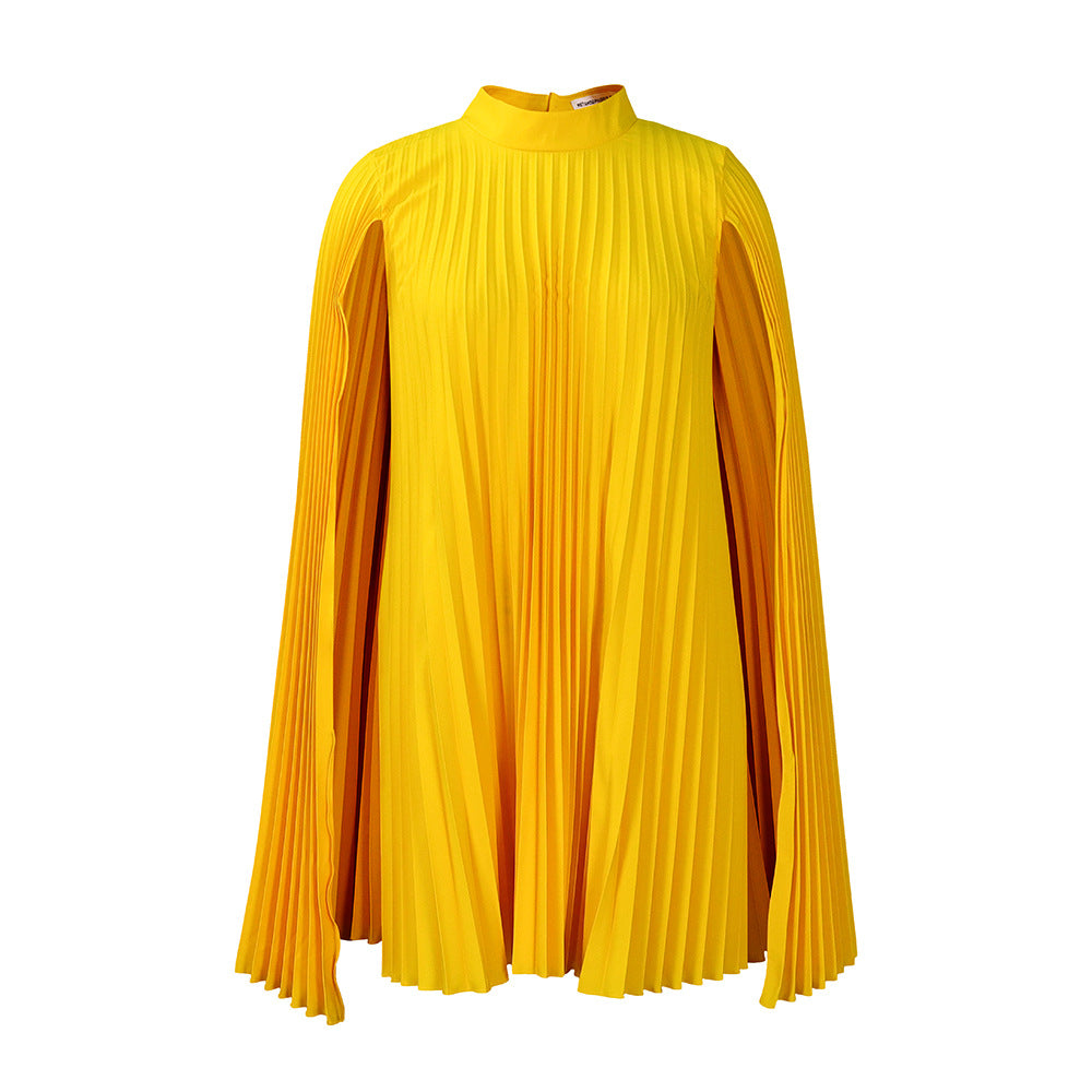 Classic women's high collar pleated cape dress, long sleeves. Black, sophisticated for formal parties & events.