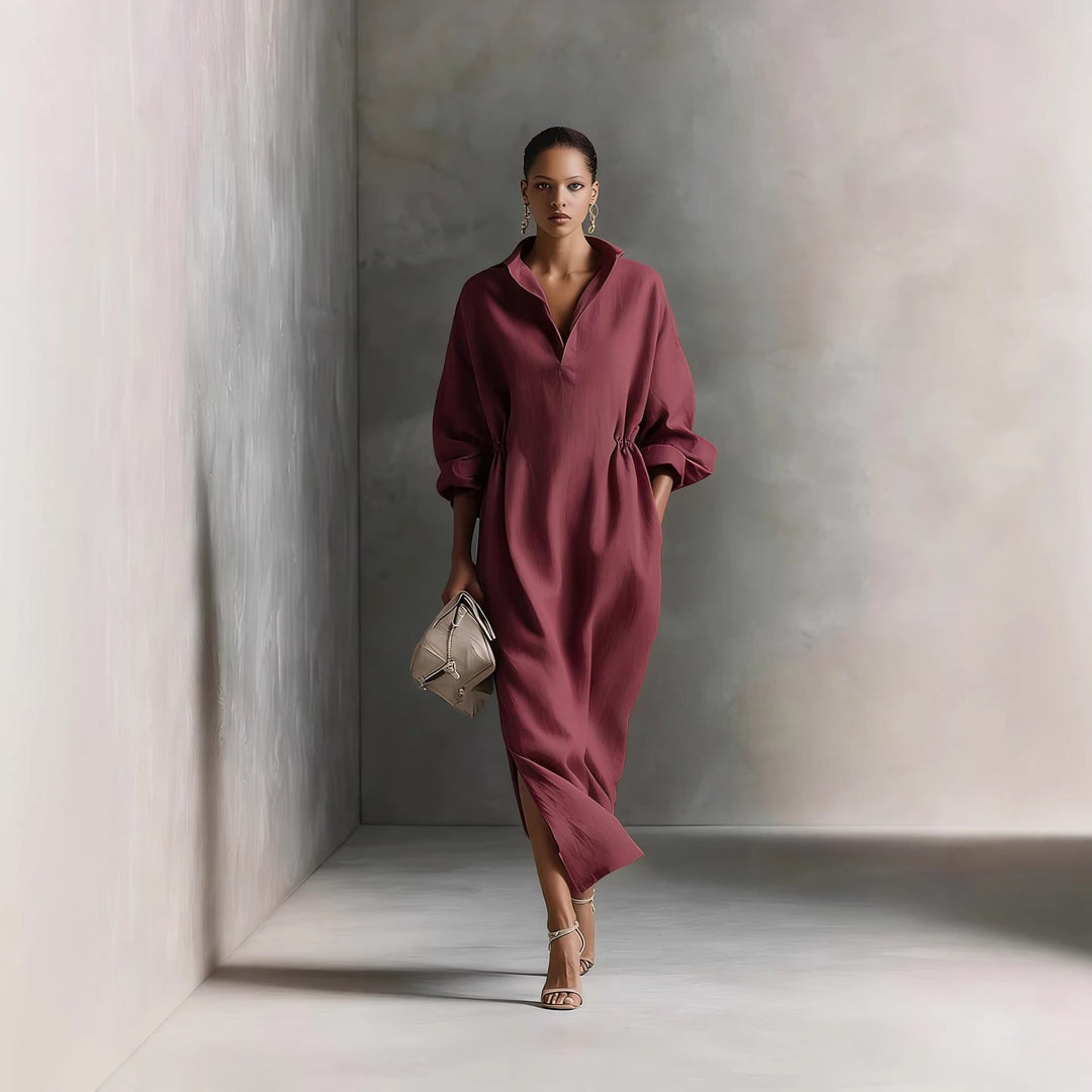 Versatile women's midi dress with tie waist and classic collar, great for summer or formal events.