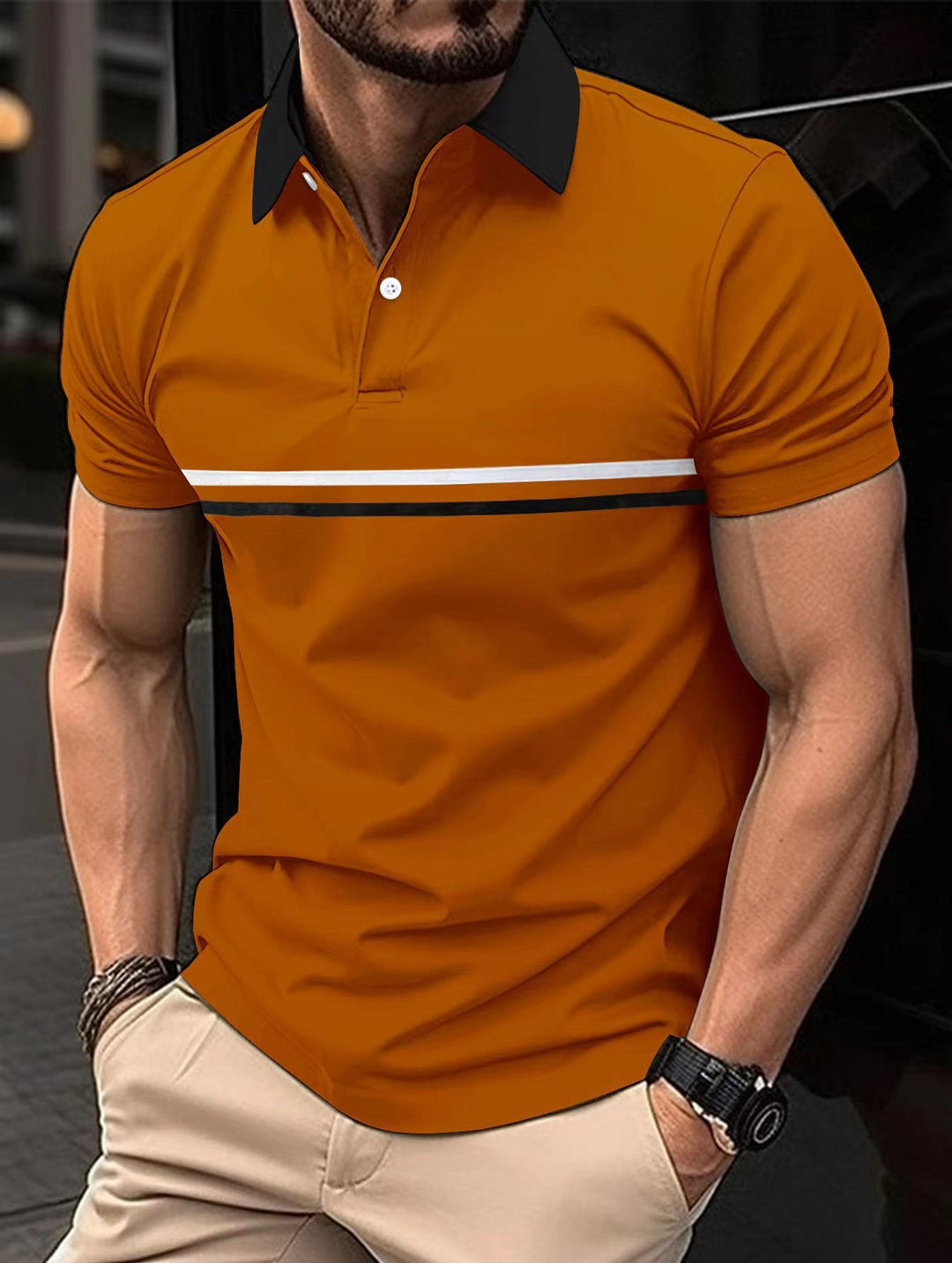 Men's striped sport polo shirt, short sleeve with button collar. Stylish & comfortable everyday casual wear.