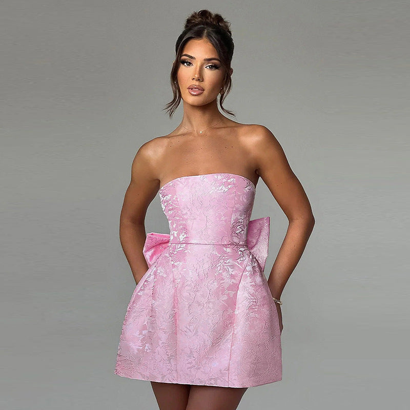 Stylish strapless A-line mini celebration dress for women. Perfect elegant party or cocktail attire.