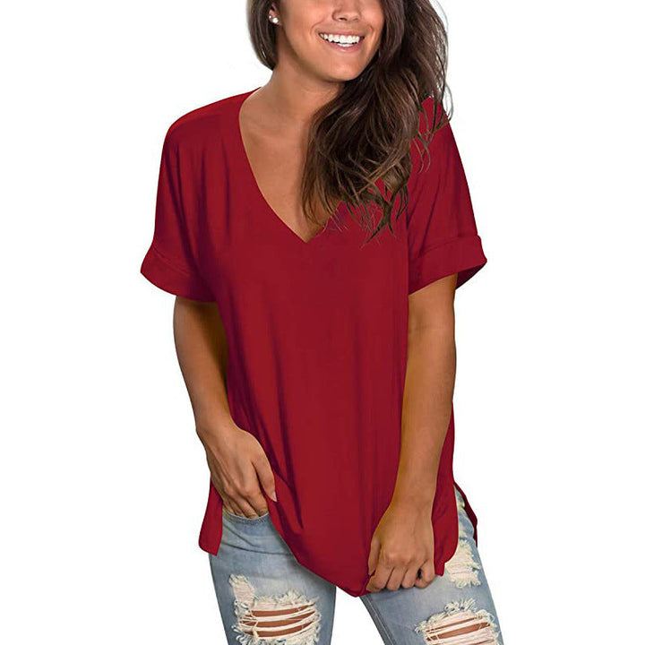 Soft V-neck women's tee, a comfortable wardrobe essential for everyday casual style.