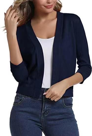 Ladies fashion: open-front 3/4 sleeve cardigan, a stylish and lightweight layering piece.