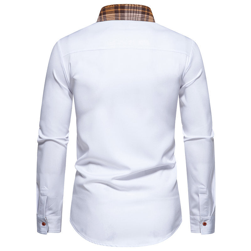 Modern men's long sleeve shirt with a fashionable checkered collar, enhancing any casual outfit.