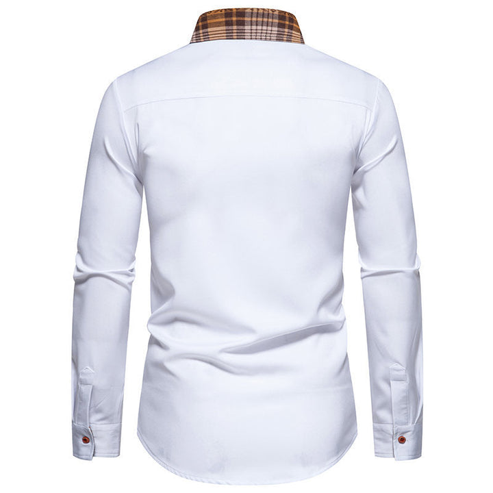 Modern men's long sleeve shirt with a fashionable checkered collar, enhancing any casual outfit.