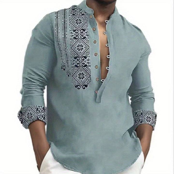 Versatile men's long sleeve shirt in a modern ethnic print, suitable for various occasions, from casual to elegant.