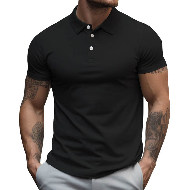 Men's performance polo in a dynamic pose, showcasing its comfortable fit and stretch fabric.