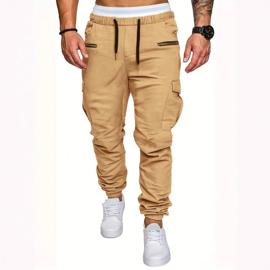 Stylish men's cargo pants, slim fit, elastic waist, and functional zip pockets, great for modern fashion.