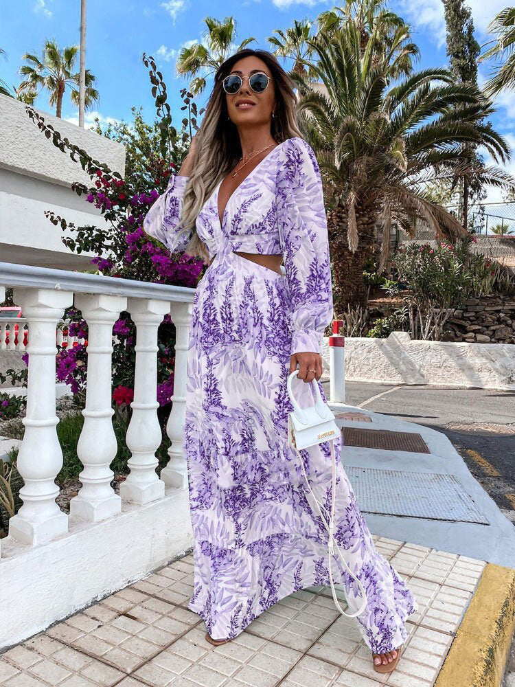 Comfortable V-neck maxi dress for women, elegant with ruffled hem. Great for casual, party, or summer style.