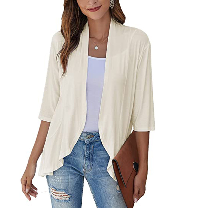 Soft women's lightweight open-front 3/4 sleeve jacket. Versatile fashion piece for day-to-night transitions.