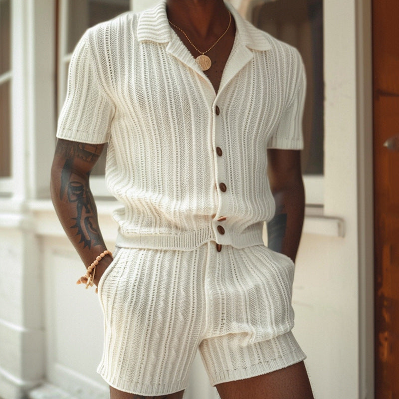 Men's slim fit breathable knit polo shirt & shorts loungewear set. Comfortable two-piece summer casual outfit.
