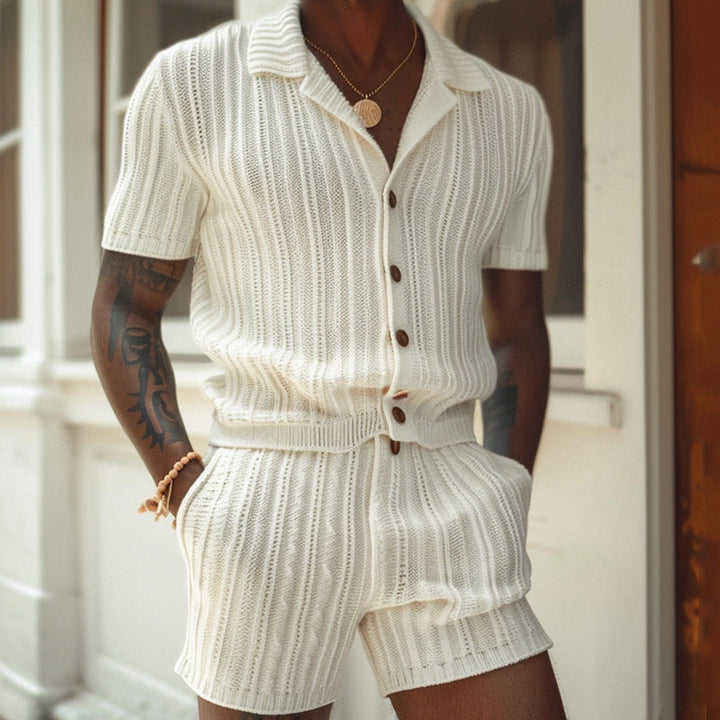 Men's slim fit breathable knit polo shirt & shorts loungewear set. Comfortable two-piece summer casual outfit.
