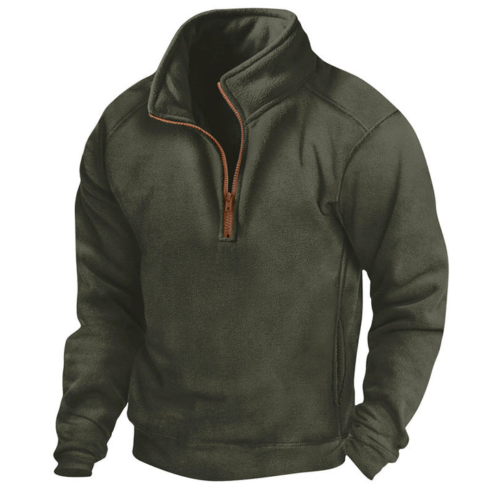 Stylish men's half-zip pullover with texture, great for casual wear or as a comfortable layering piece.
