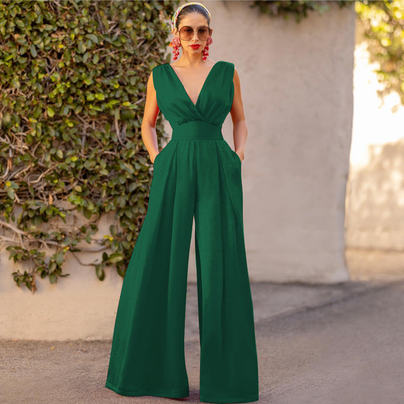 Sophisticated women's V-neck jumpsuit, wide leg design, suitable for both formal and casual settings.