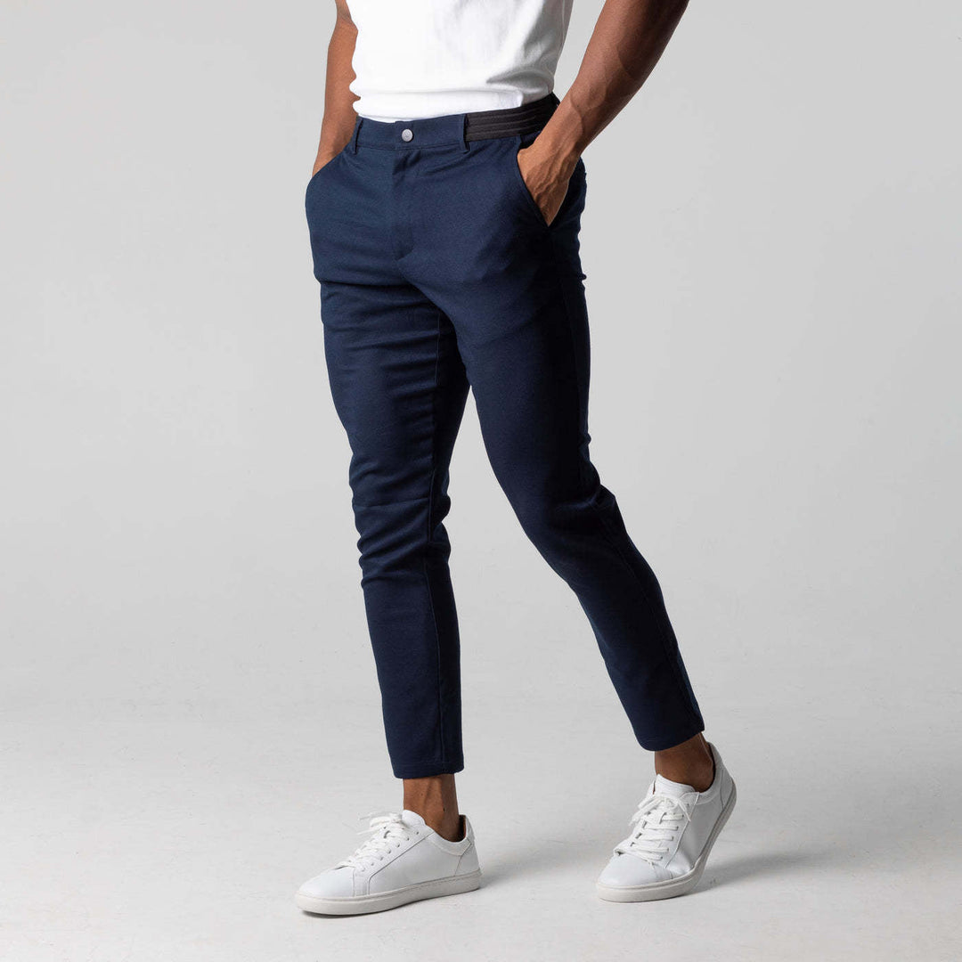 Stay comfortable & stylish in these men's slim fit chinos with elastic waist, ideal for modern men's wear.