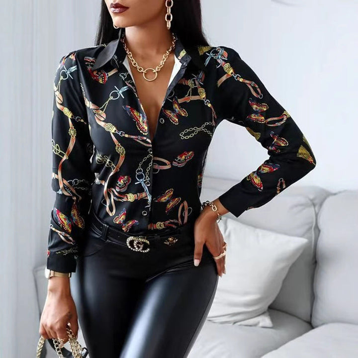 Elegant women's long sleeve button-up blouse, featuring a beautiful artistic print. Ideal for office or casual chic.