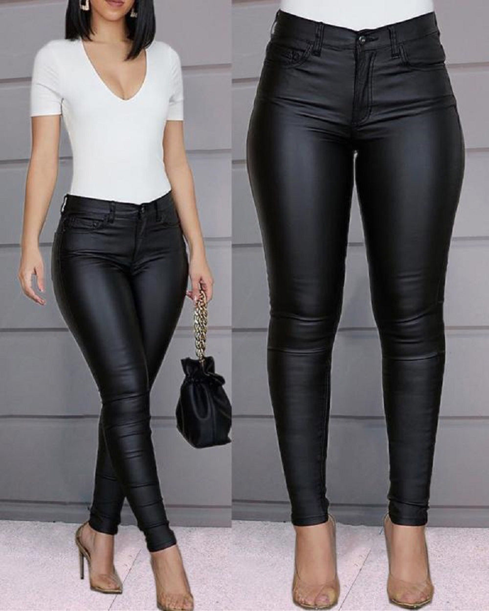 Woman wearing comfortable, sleek high waist leggings; perfect figure-hugging fit for active style.