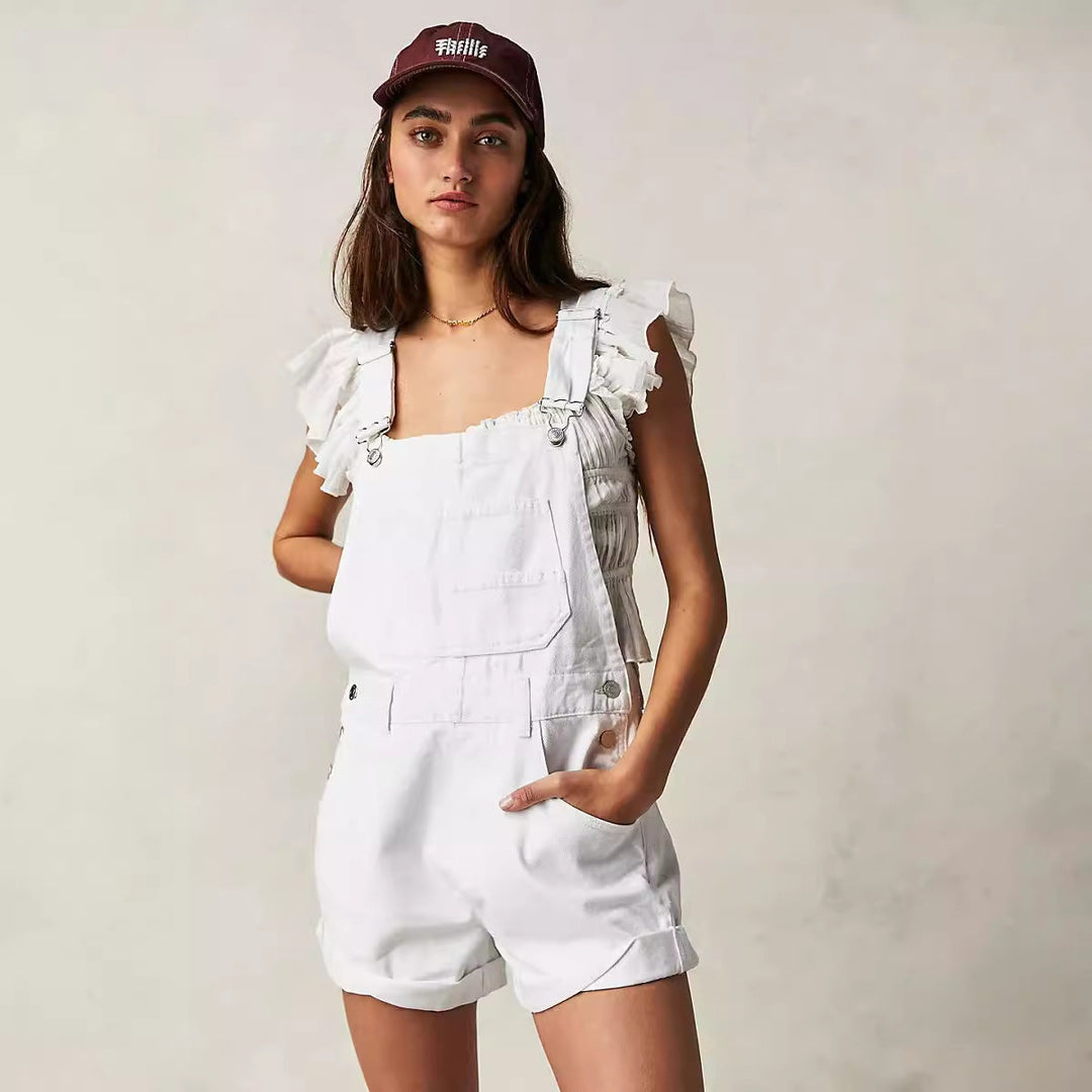 Loose fit women's overall shorts, ideal for casual summer wear with adjustable straps & handy pockets.